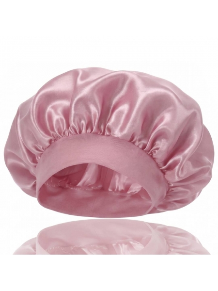 Ночная атласная шапочка Satin Bonnet на резинке для защиты волос во время сна женская розовая
