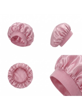 Ночная атласная шапочка Satin Bonnet на резинке для защиты волос во время сна женская розовая