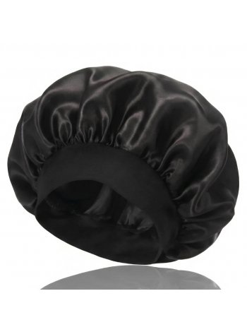 Ночная атласная шапочка Satin Bonnet на резинке для защиты волос во время сна женская черная