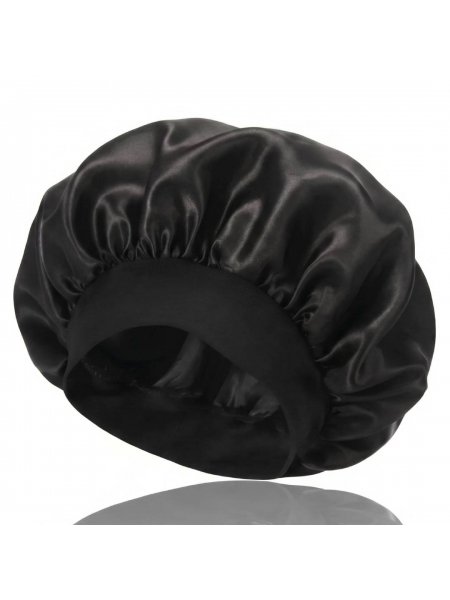 Ночная атласная шапочка Satin Bonnet на резинке для защиты волос во время сна женская черная