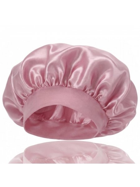 Ночная атласная шапочка Satin Bonnet на резинке для защиты волос во время сна женская розовая