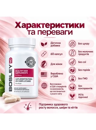 Дієтична добавка BosleyMD Healthy Hair Growth Supplements for Women для росту здорового волосся у жінок, 60 капсул