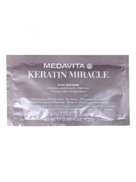 Розгладжуюча маска Medavita Keratin Miracle Sleek Hair Mask для пухнастого та неслухняного волосся, пробник саше 20 мл