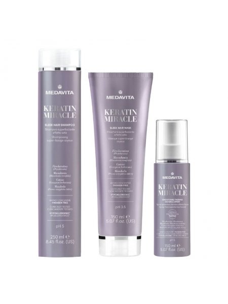 Набір Medavita Keratin Miracle Sleek Hair TRIO шампунь, маска, спрей для пухнастого та неслухняного волосся 250/150/150 мл