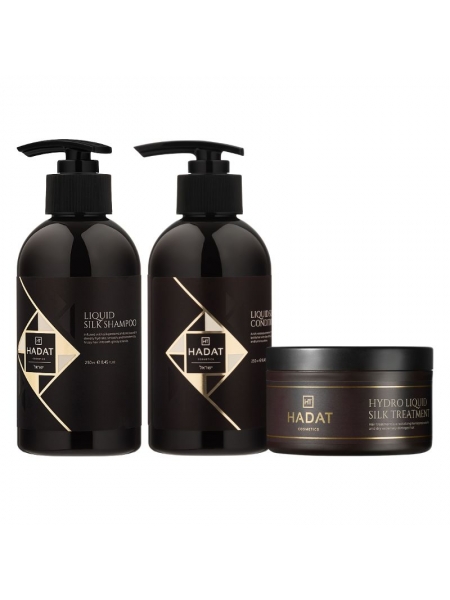 Набір "Рідкий Шовк" Hadat Liquid Silk TRIO шампунь, кондиціонер, маска для відновлення блиску та гладкості волосся 2х250/300 мл