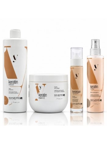 Набор Sinergy Keratin QUATRO L шампунь, маска, сыворотка для сухих и спрей и поврежденных волос, 2х500+50+200 мл