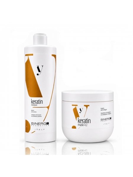 Набор Sinergy Keratin DUO L1 шампунь и маска для поврежденных волос с кератином, 2×500 мл