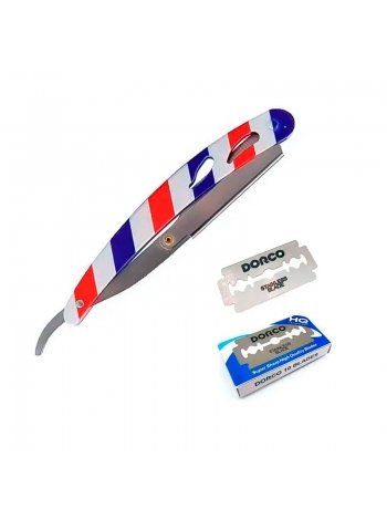 Набор опасная бритва T.D.J Barber шаветка красно-синие полоски со сменными двухсторонними лезвиями нержавеющая сталь (10 шт.)