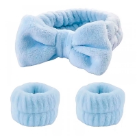 Набор для умывания косметическая повязка "Бантик" и напульсники микрофибра голубой