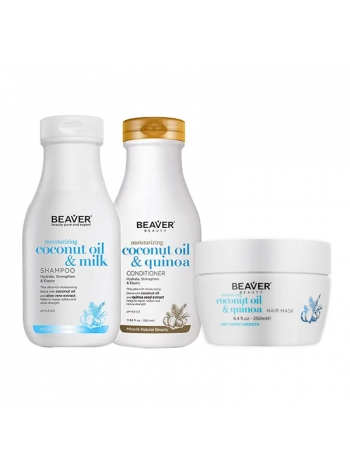 Разглаживающий набор Beaver Coconut Oil & Milk шампунь, кондиционер и маска для сухих и непослушных волос з кокосовым маслом, 350+350+250 мл