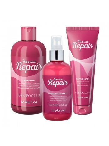 Набор Inebrya Shecare Repair восстанавливающий для поврежденных волос (шампунь+спрей+маска), 300/200/250 мл