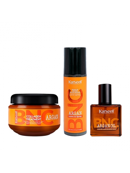 Набір Karseell BNC Argan TRIO-2 колагенова маска, незмивний спрей і арганова олійка для волосся, 550//200/60 мл