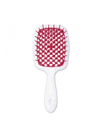 Janeke Продувная широкая расческа для укладки волос и сушки феном Superbrush Plus Hollow Comb белая ручка с вишневыми зубчиками