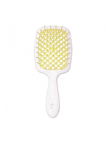 Janeke Продувная широкая расческа для укладки волос и сушки феном Superbrush Plus Hollow Comb белая ручка с желтыми зубчиками