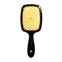 Janeke Продувная широкая расческа для укладки волос и сушки феном Superbrush Plus Hollow Comb черная с желтыми зубчиками