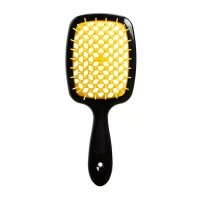 Janeke Продувная широкая расческа для укладки волос и сушки феном Superbrush Plus Hollow Comb черная с желтыми зубчиками