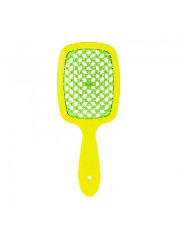 Продувная широкая расческа Janeke для укладки волос и сушки феном Superbrush Plus Hollow Comb желтая с салатовыми зубчиками