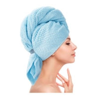 Полотенце-тюрбан чалма для сушки волос из пушистой микрофибры Premium D-5 с эластичной лентой голубое