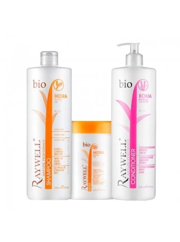 Набір для зволоження і блиску сухого пошкодженого волосся Raywell Bio шампунь і маска Hidra і кондиціонер Boma, 3x200 г (розлив)