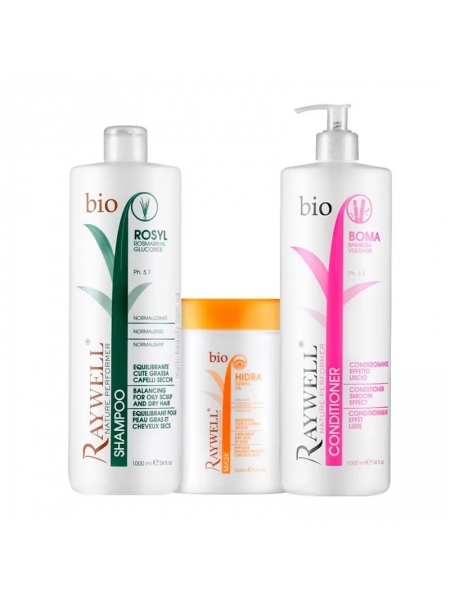 Набір для жирної шкіри голови, зволоження та блиску сухого волосся Raywell Bio шампунь ROSYL, маска Hidra, кондиціонер Boma 3x1000