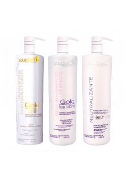 Набір кератину SoupleLiss Gold Liss Blond для випрямлення волосся з антитжовтим ефектом, 3х1000 мл (заводські)