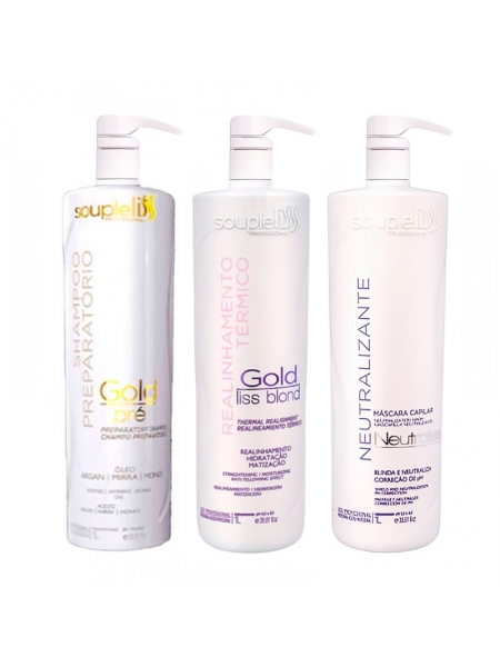 Набор кератина SoupleLiss Gold Liss Blond для выпрямления волос с антижелтым эффектом, 3х200 г (разлив)