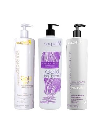 Набор кератина SoupleLiss Gold Liss Blond для выпрямления волос с антижелтым эффектом, 3х1000 мл (заводские)